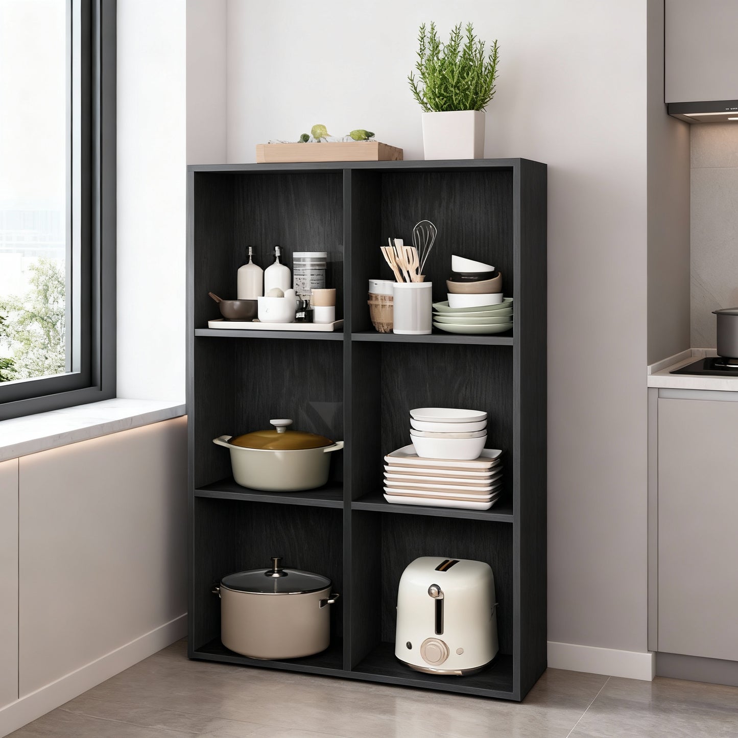 6-Compartment Cube Bookshelf with Open Storage, Multifunctional Bookcase and Display Shelf for Living Room Home Office Dining Room, Ebony Black