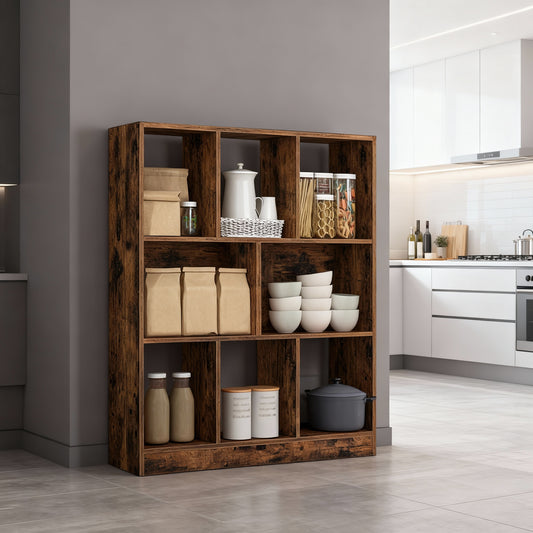 3-Tier Medium Bookshelf with Open Storage Shelves, Functional Bookcase for Living Room Home Office Dining Room, Space-Saving, Rustic Brown