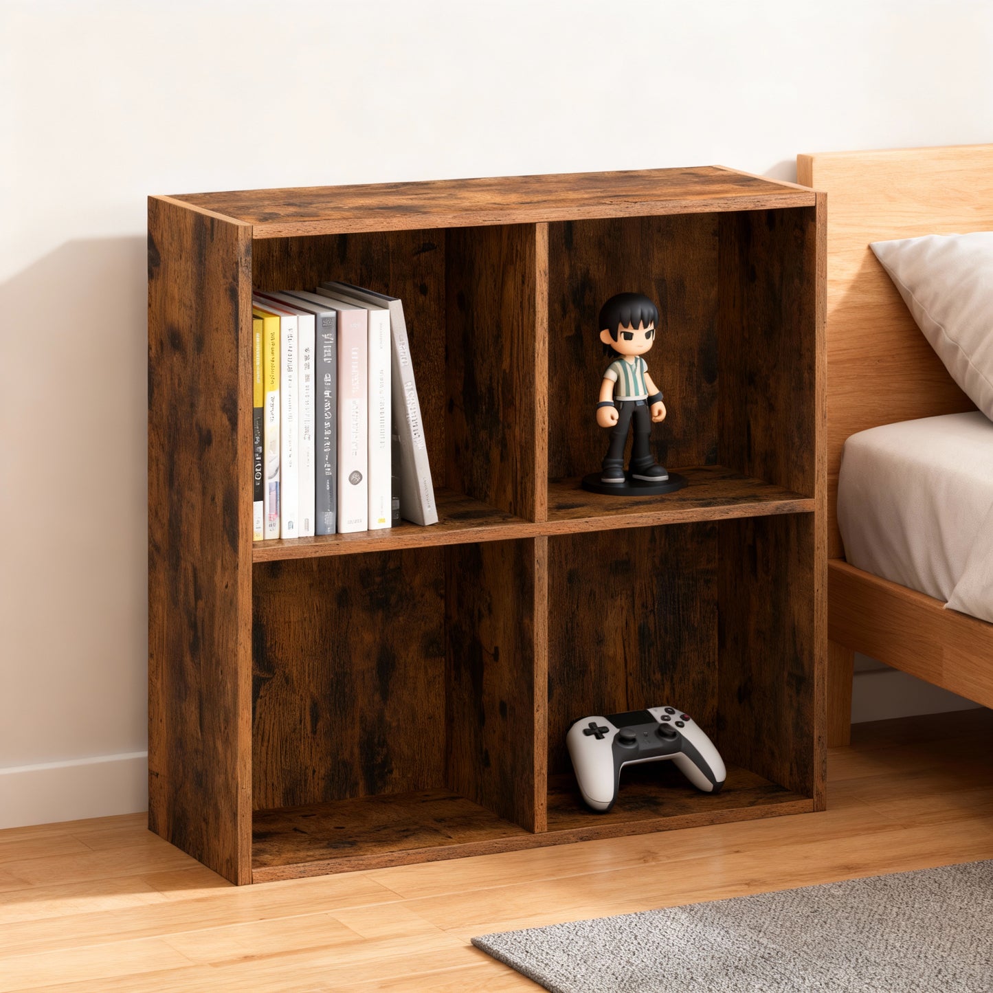 4-Compartment Cube Bookshelf with Open Storage, Multifunctional Bookcase and Display Shelf for Living Room Home Office Dining Room, Rustic Brown