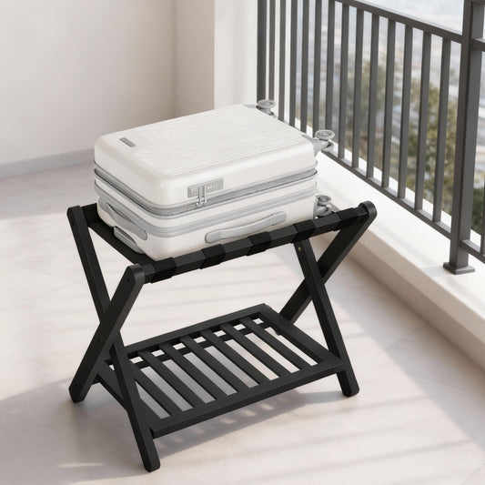 Solid Wood Luggage Rack with Foldable Design and Storage Shelf, No Assembly Required Suitcase Stand for Guest Room Hotel Bedroom, Ink Black
