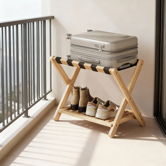 Solid Wood Luggage Rack with Foldable Design and Storage Shelf, No Assembly Required Suitcase Stand for Guest Room Hotel Bedroom, Natural Beige
