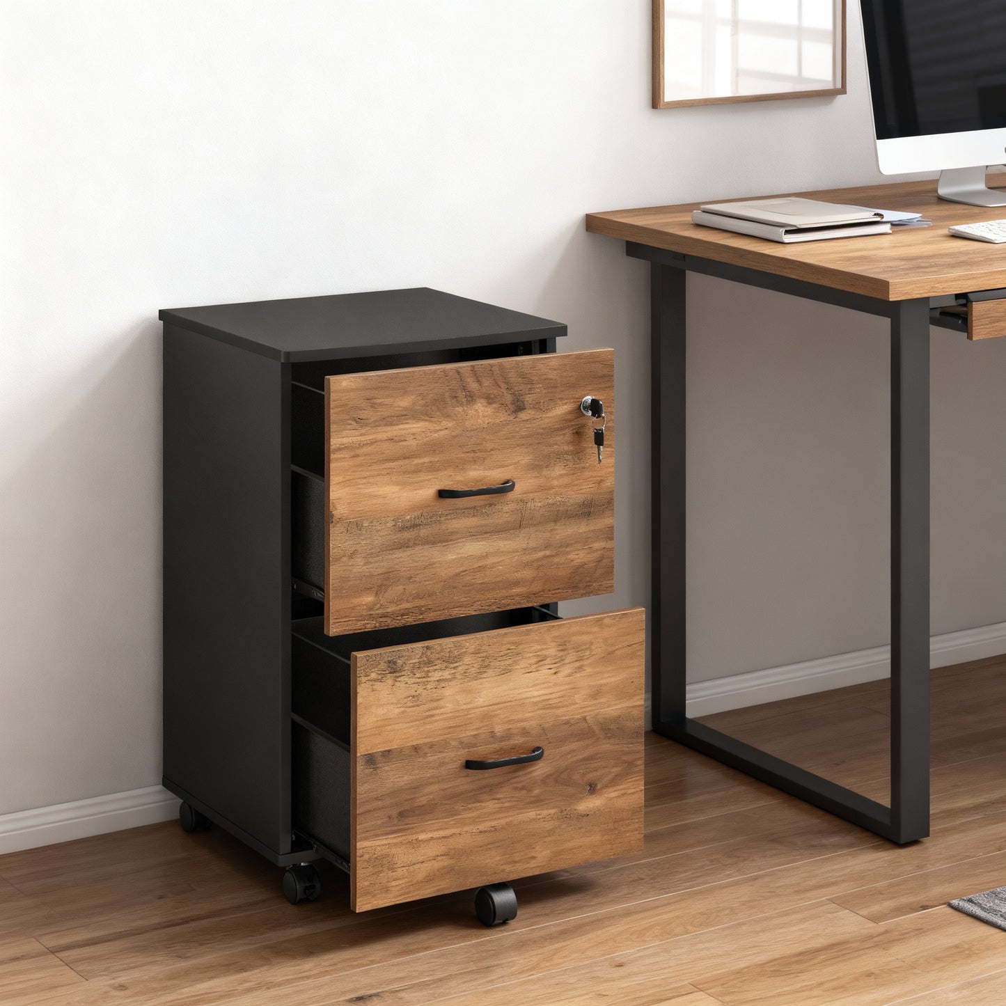 LEDREM 2-Drawer Locking File Cabinet for Home Office, Rolling Printer Stand with Swivel Wheels, Fits A4 & Letter Hanging Files, Honey Brown and Ink Black