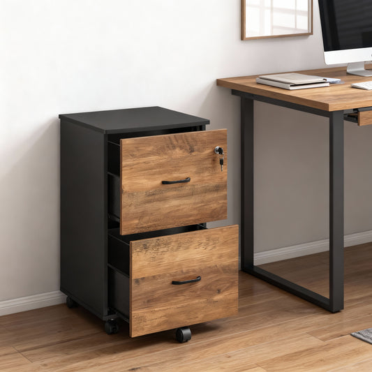 LEDREM 2-Drawer Locking File Cabinet for Home Office, Rolling Printer Stand with Swivel Wheels, Fits A4 & Letter Hanging Files, Honey Brown and Ink Black