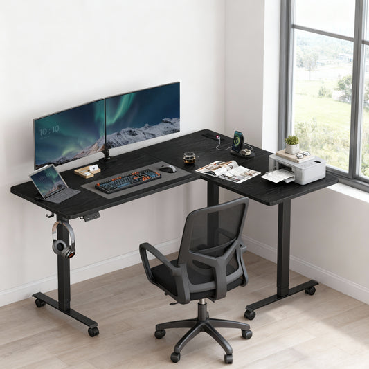 LEDREM L-Shaped Electric Standing Desk, 63 x 47.2 Inches Height Adjustable Corner Desk with Power Outlets, 2 Memory Buttons, Home Office Desk, Black
