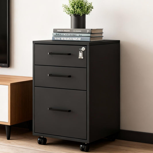 LEDREM File Cabinet with Lock, Office Filing Cabinet with 3 Drawers, Pre-Assembled Except Wheels & Handles, for A4/Legal/Letter Documents, Matte Black