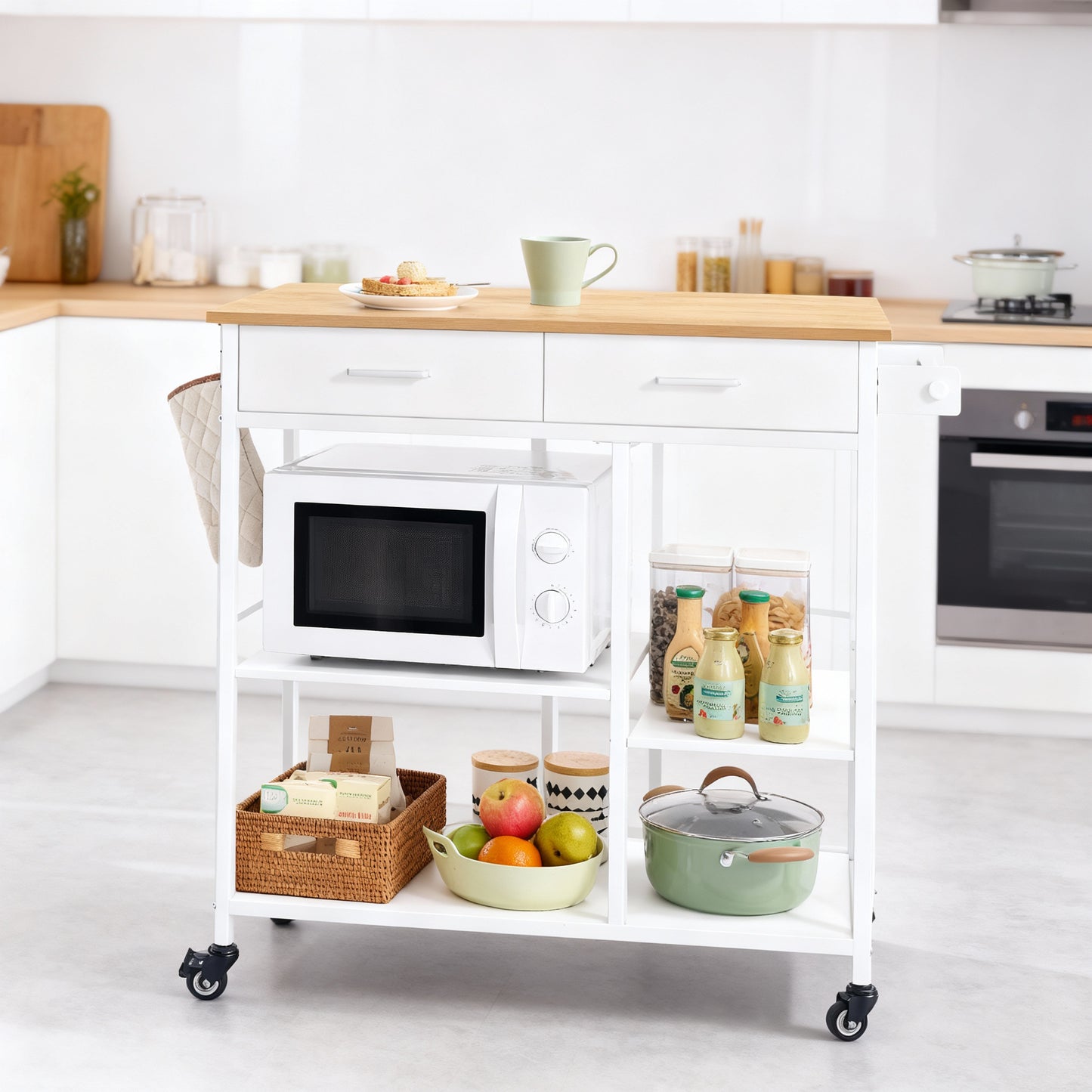 LEDREM Kitchen Rolling Island Cart with 2 Drawers, Adjustable Shelves, Towel Rack, Hooks, Mobile Storage and Prep Table, Oak Beige and Matte White