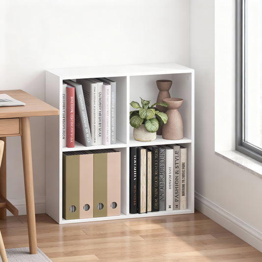 LEDREM 4-Compartment Cube Bookshelf with Open Storage, Multifunctional Bookcase and Display Shelf for Living Room Home Office Dining Room, Cloud White