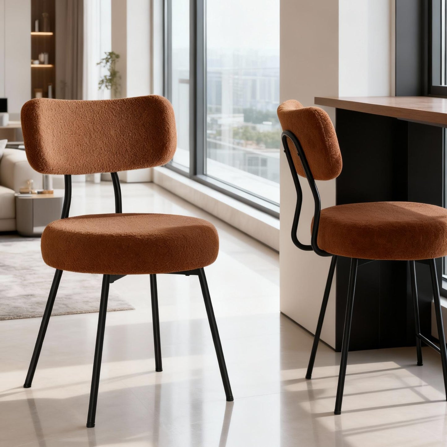 LEDREM Boucle Dining Chairs Set of 2, Modern Upholstered Dining Chairs with Curved Backrest, Steel Frame, for Kitchen, Dining Room, Coffee Brown
