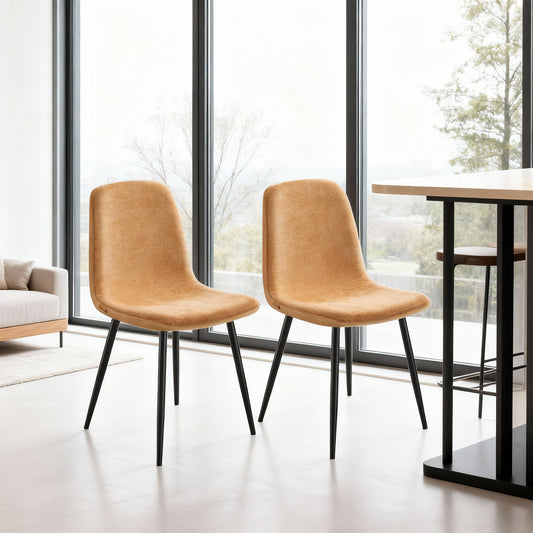 LEDREM Set of 2 Dining Chairs, Ergonomic Dining Room Chairs with Metal Frame, Adjustable Feet, Glacier-Textured PU Leather, for Kitchen, Caramel Brown