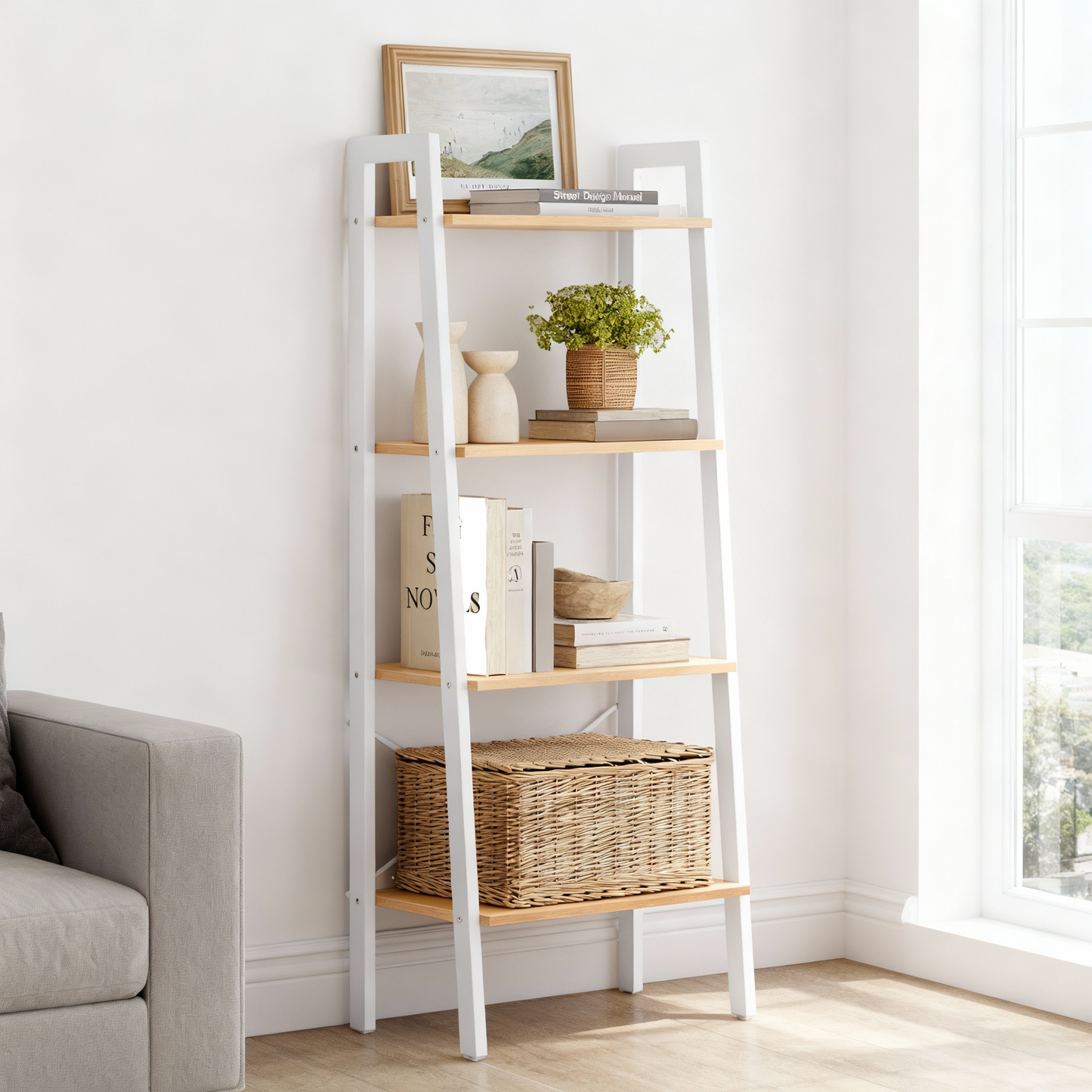 Ladder Shelf, 4-Tier Bookshelf, Storage Rack, Bookcase, for Living Room, Kitchen, Bedroom, Honey Brown and Cloud White