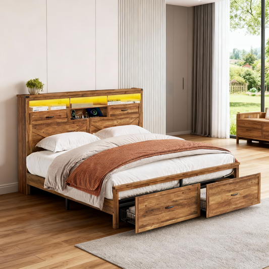 King Size Farmhouse Platform Bed Frame, 51.3-Inch Tall Storage Headboard with 4 Drawers, Built-In LED Lights & Charging Station, Honey Brown