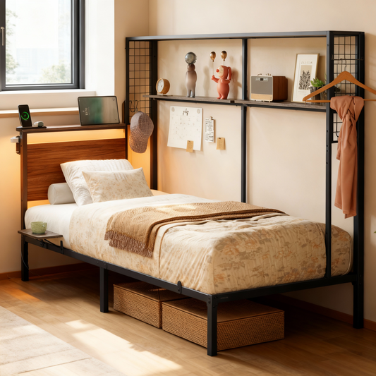 Twin Size All-in-One Metal Bed Frame with Bookshelf, LED Lights & 4-Port Charging Hub, Space-Saving Multifunctional Design, Ash Brown