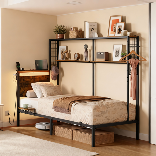 Twin Size All-in-One Metal Bed Frame with Bookshelf, LED Lights & 4-Port Charging Hub, Space-Saving Multifunctional Design, Rustic Brown