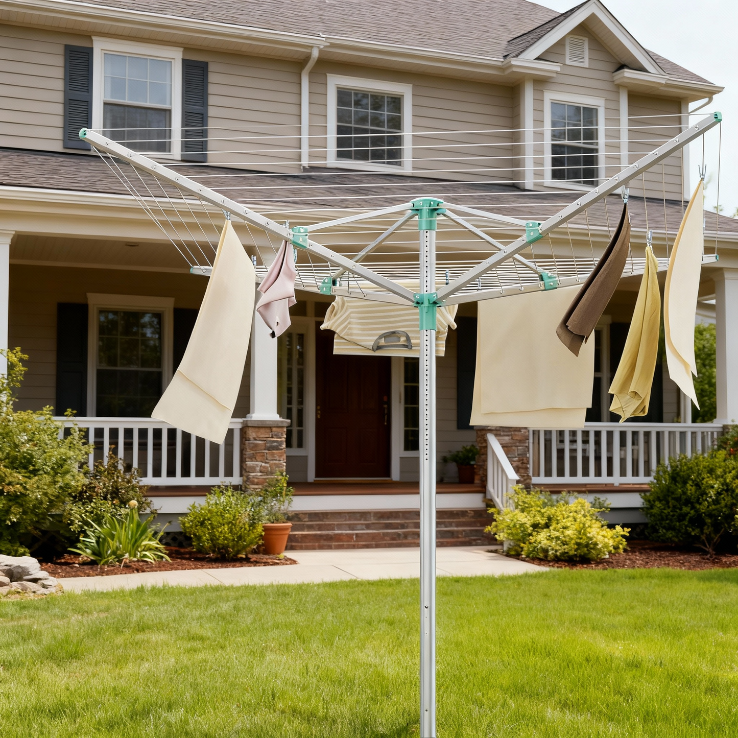 Retractable Outdoor Drying Rack, Height Adjustable Umbrella Clothesline 197 Ft Long, Holds 6 Loads with Ground Spike & Cover for Garden, Silver and Green