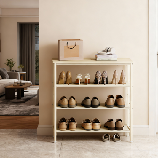 4-Tier Entryway Shoe Storage Organizer with 3 Fabric Shelves, Steel Frame Holds 9-12 Pairs, Adjustable Feet & Anti-Tip Kit, Natural Beige and Pearl White