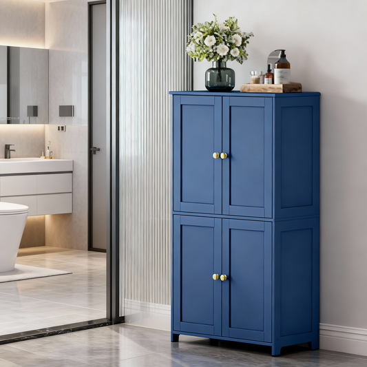 Bathroom Storage Floor Cabinet Organizer with Adjustable Shelf 4 Magnetic Doors 43" Wooden Pantry Cabinet Freestanding for Living Kitchen Room Small Spaces,Blue