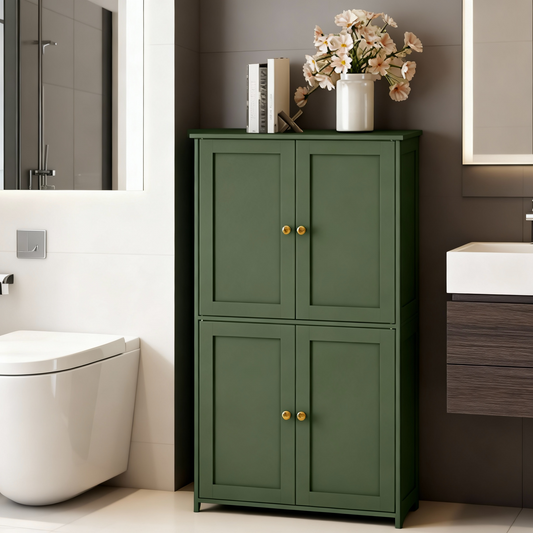 Bathroom Storage Floor Cabinet Organizer with Adjustable Shelf 4 Magnetic Doors 43" Wooden Pantry Cabinet Freestanding for Living Kitchen Room Small Spaces,Green