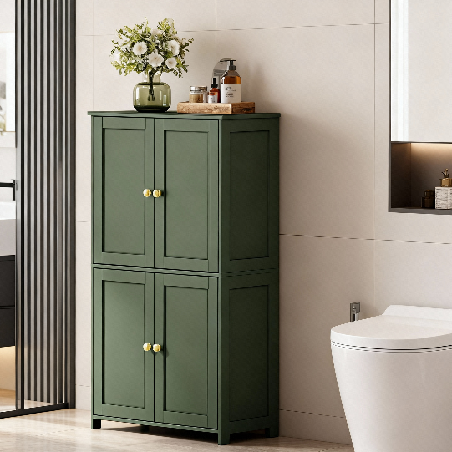 Bathroom Storage Floor Cabinet Organizer with Adjustable Shelf 4 Magnetic Doors 43" Wooden Pantry Cabinet Freestanding for Living Kitchen Room Small Spaces,Green