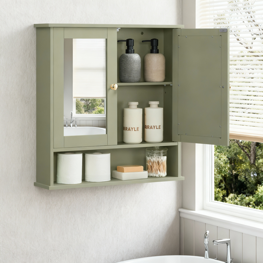 Bathroom Cabinet with 2 Mirrored Doors, Wall-Mounted Medicine Cabinet with Adjustable Shelf & Open Compartment