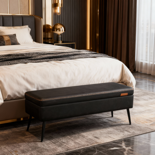 Storage Ottoman Bench, 15 Gal Entryway Bedroom Bench with Safety Hinges, Synthetic Leather Upholstery, 660 lb Capacity, Ink Black