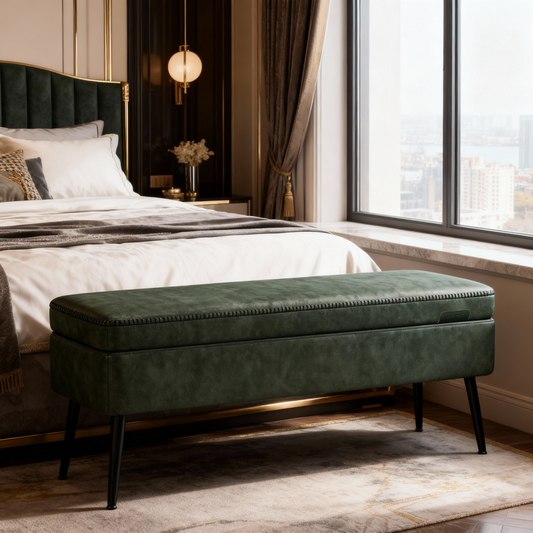 Storage Ottoman Bench, 15 Gal Entryway Bedroom Bench with Safety Hinges, Synthetic Leather Upholstery, 660 lb Capacity, Forest Green