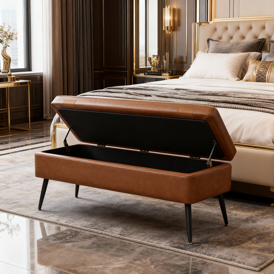 Storage Ottoman Bench, 15 Gal Entryway Bedroom Bench with Safety Hinges, Synthetic Leather Upholstery, 660 lb Capacity, Caramel Brown