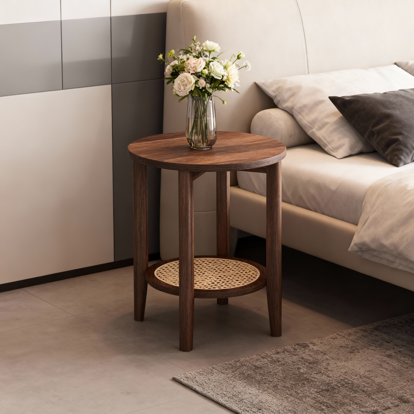 2-Tier Round End Table with Rattan Shelf, Boho Nightstand for Small Spaces, Living Room, Bedroom and Home Office, Black Walnut