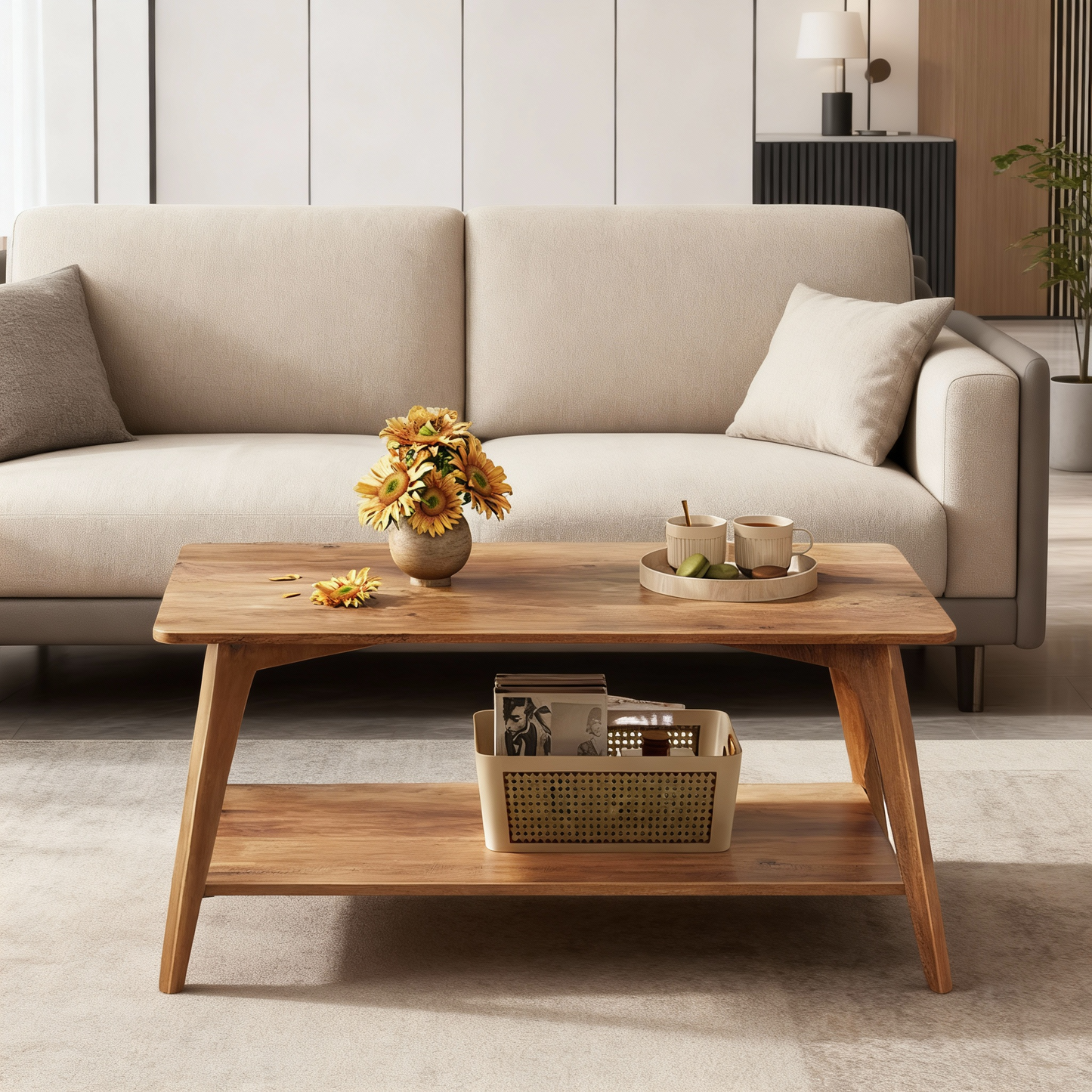 2-Tier Coffee Table with Storage Shelf, Modern Center Table with Tapered Legs, for Living Room, Easy Assembly, 39.4"W x 21.7"D x 17.7"H