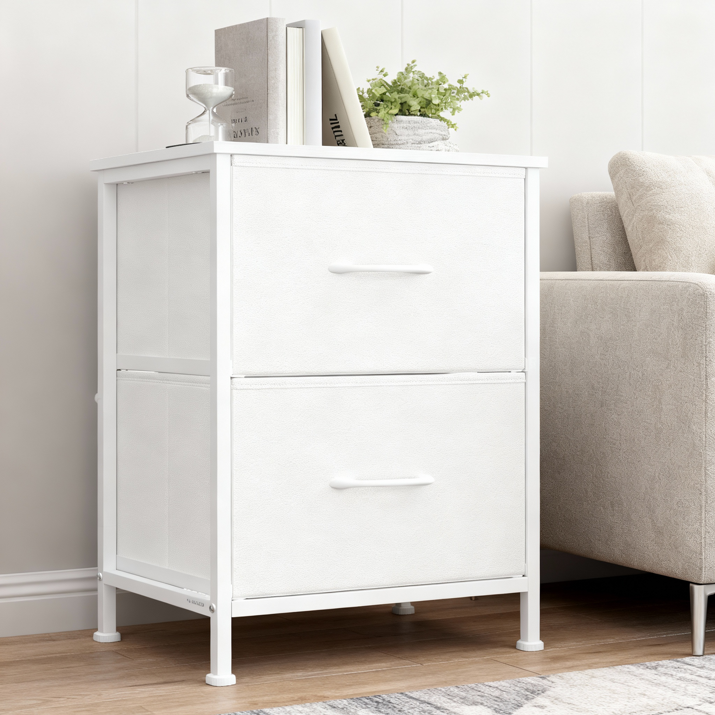 Modern 2-Drawer Storage Dresser, Steel Frame Fabric Chest of Drawers for Bedroom, Closet or Entryway, Cloud White and Snow White