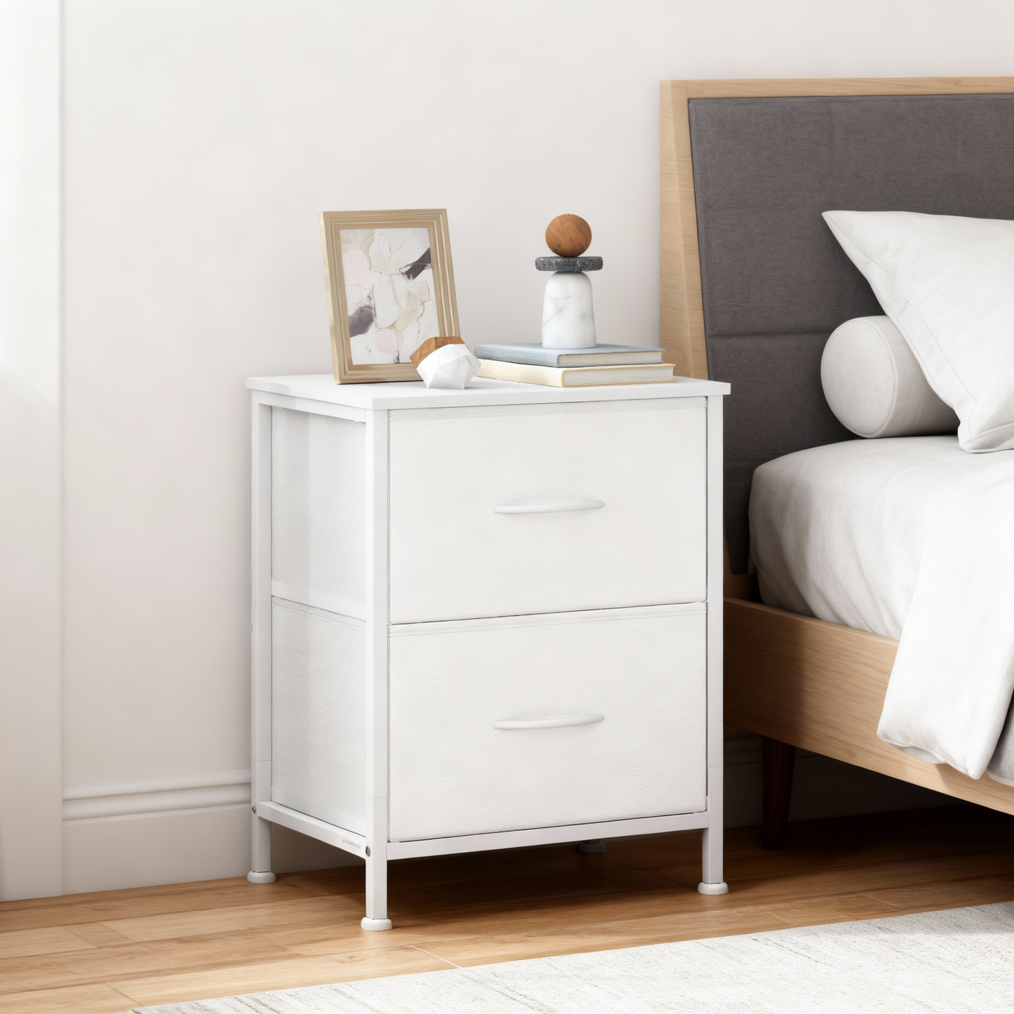 Modern 2-Drawer Storage Dresser, Steel Frame Fabric Chest of Drawers for Bedroom, Closet or Entryway, Cloud White and Snow White
