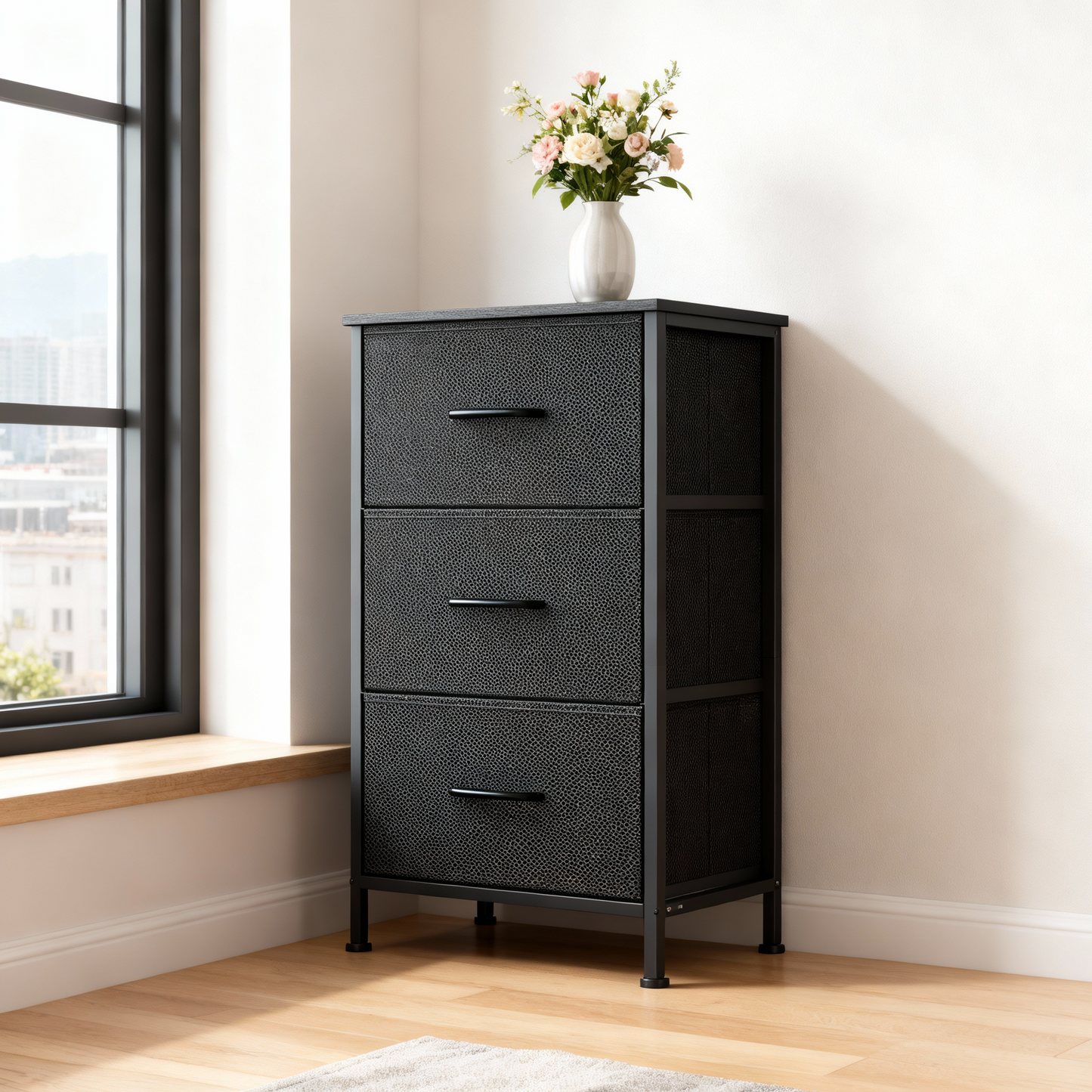 3-Drawer Storage Dresser with Steel Frame, Fabric Drawer Organizer for Bedroom, Closet and Entryway, Ink Black and Ebony Black