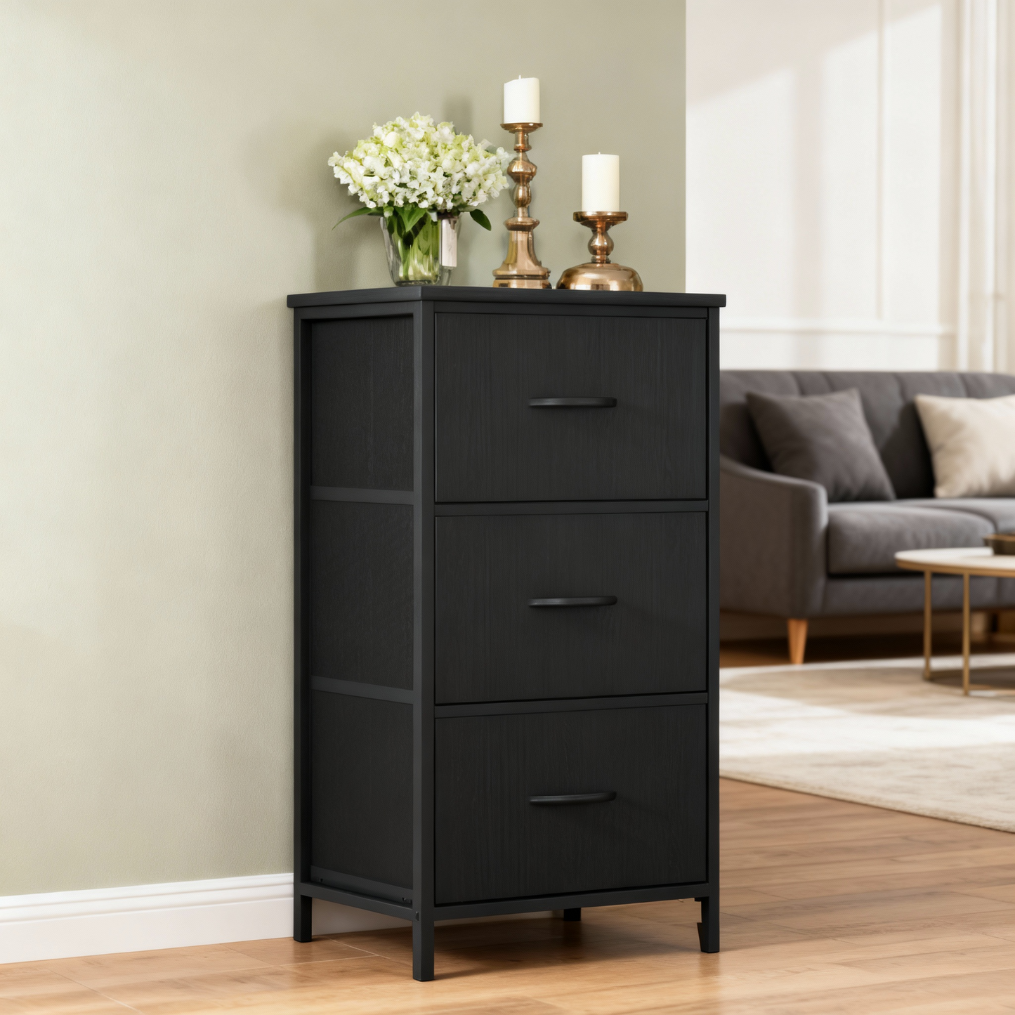 3-Drawer Storage Dresser with Steel Frame, Fabric Drawer Organizer for Bedroom, Closet and Entryway, Ink Black and Ebony Black