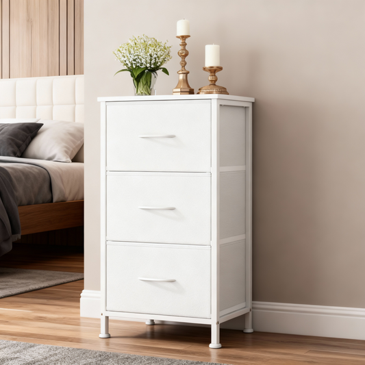 3-Drawer Storage Dresser with Steel Frame, Fabric Drawer Organizer for Bedroom, Closet, and Entryway, Cloud White and Snow White