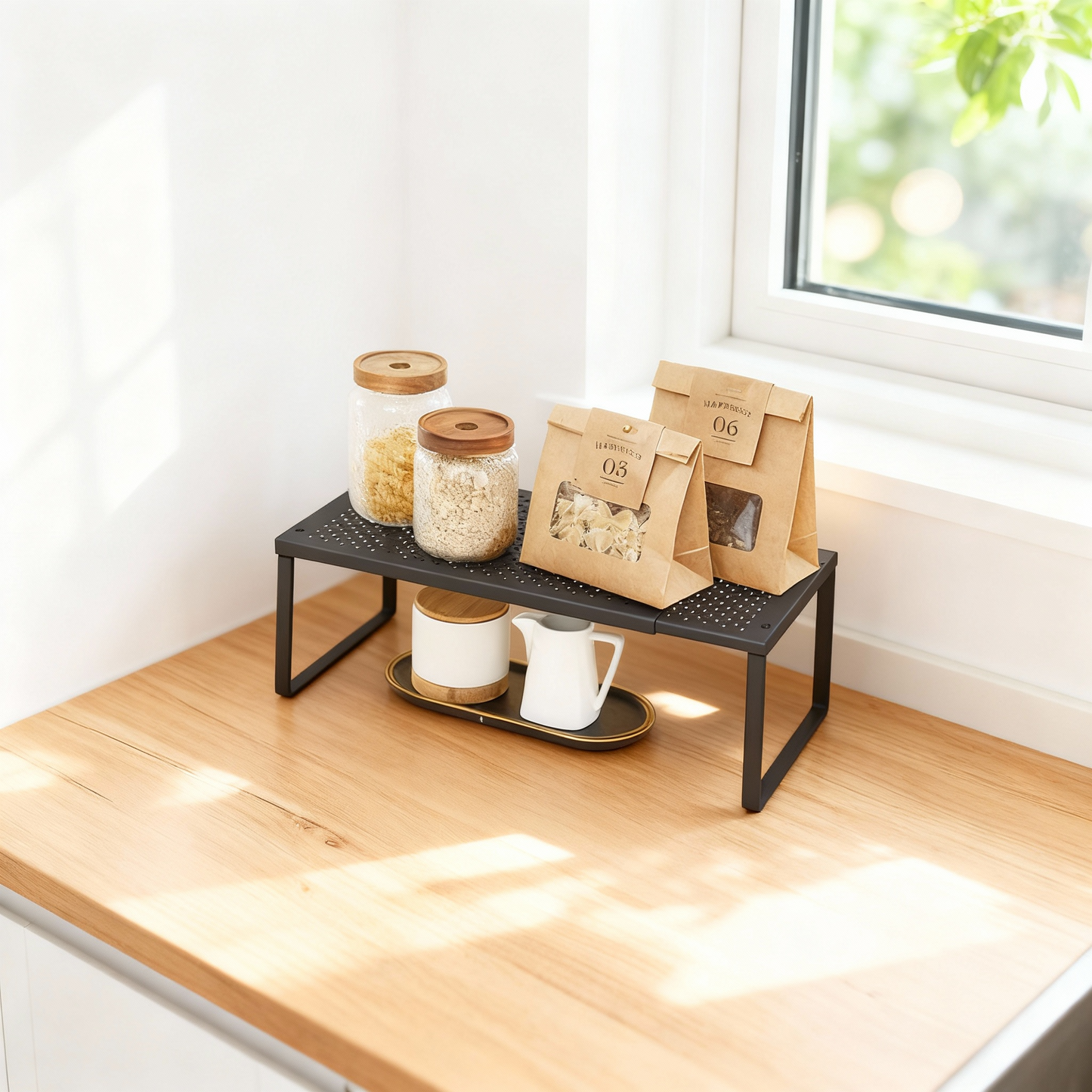 Expandable Spice Rack, Countertop Shelf Organizer, Adjustable 15-23.6 Inch Metal Cupboard Shelf for Kitchen, Matte Black