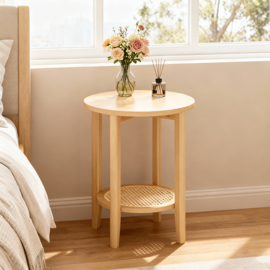 2-Tier Round Side Table with Rattan-Look Shelf, Boho Nightstand for Small Spaces, Living Room and Bedroom, Oak Beige