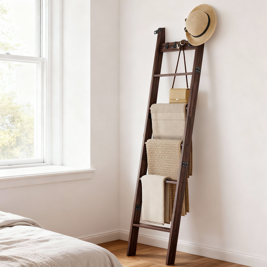 6-Tier Farmhouse Blanket Ladder Shelf, Leaning Storage Rack with 4 Hooks for Living Room Decor, Maroon Brown