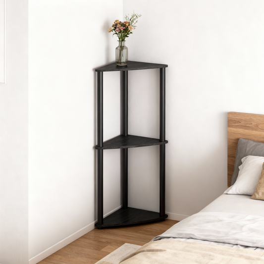 3-Tier Corner Shelf with Toolless Assembly, 15 x 10.6 Inch Standing Shelf for Living Room, Bedroom and Kitchen, Ink Black