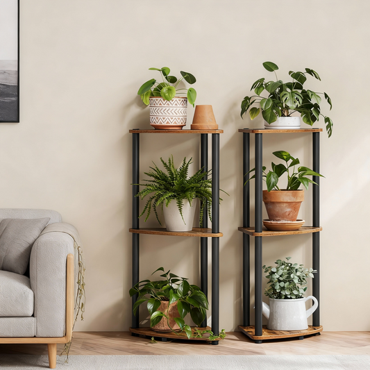 3-Tier Corner Shelf with Toolless Assembly, 15 x 10.6 Inch Standing Shelf for Living Room, Bedroom and Kitchen, Rustic Brown