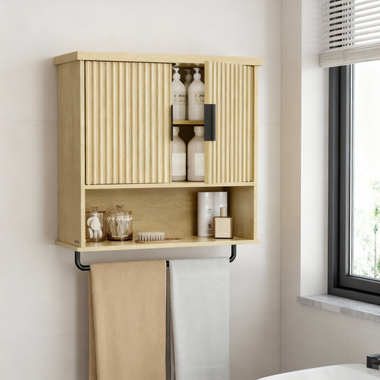 Wall-Mounted Over Toilet Cabinet with Adjustable Shelf, Fluted Doors Hanging Cabinet and Towel Bar, 23.6 x 28.7 Inches, Oak Beige