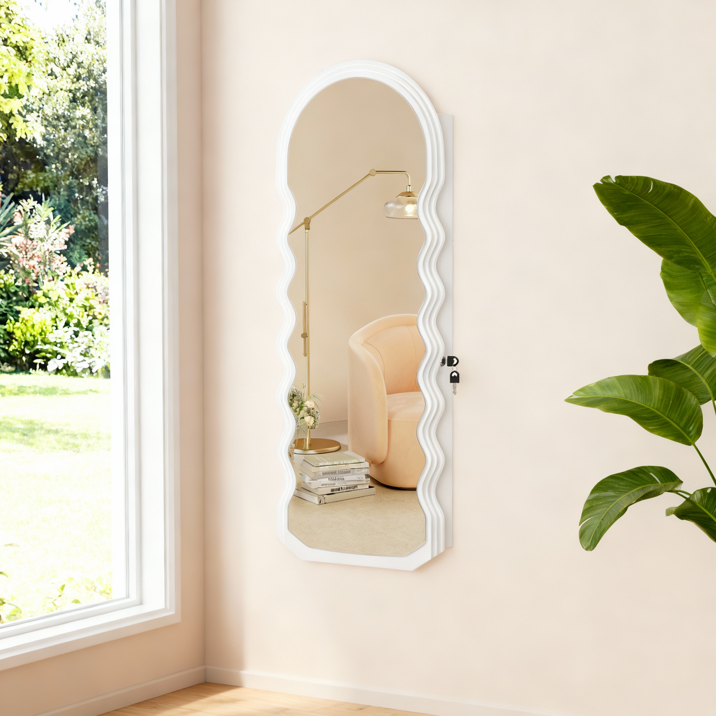 Wall-Mounted Mirror Jewelry Cabinet with LED Lights, Lockable Wavy Full-Length Mirror and Jewelry Organizer, 16.5 x 42.5 Inches, White