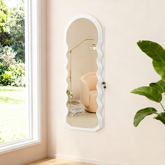 Wall-Mounted Mirror Jewelry Cabinet with LED Lights, Lockable Wavy Full-Length Mirror and Jewelry Organizer, 16.5 x 42.5 Inches, White