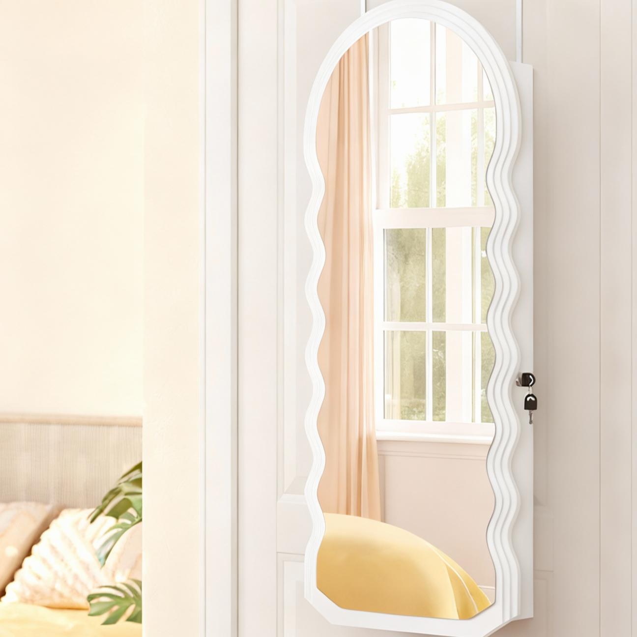 Wall-Mounted Mirror Jewelry Cabinet with LED Lights, Lockable Wavy Full-Length Mirror and Jewelry Organizer, 16.5 x 42.5 Inches, White