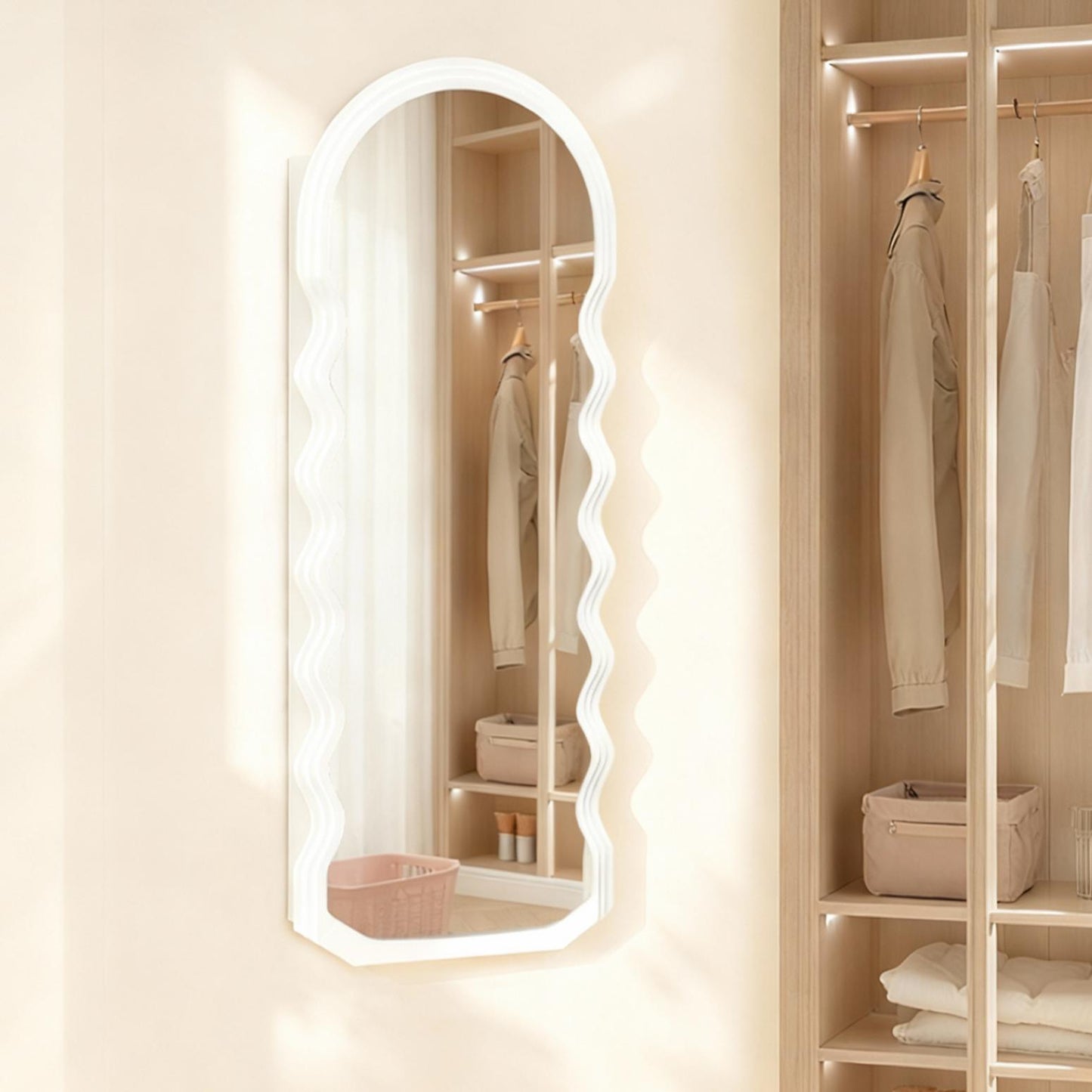 Wall-Mounted Mirror Jewelry Cabinet with LED Lights, Lockable Wavy Full-Length Mirror and Jewelry Organizer, 16.5 x 42.5 Inches, White