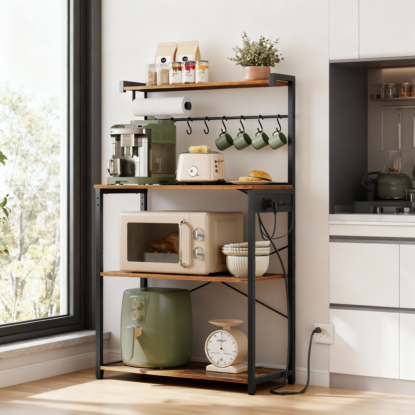 4-Tier Kitchen Bakers Rack with Power Outlet, 31.5-Inch Wide Coffee Bar and Microwave Stand with Adjustable Shelf, Rustic Brown and Ink Black