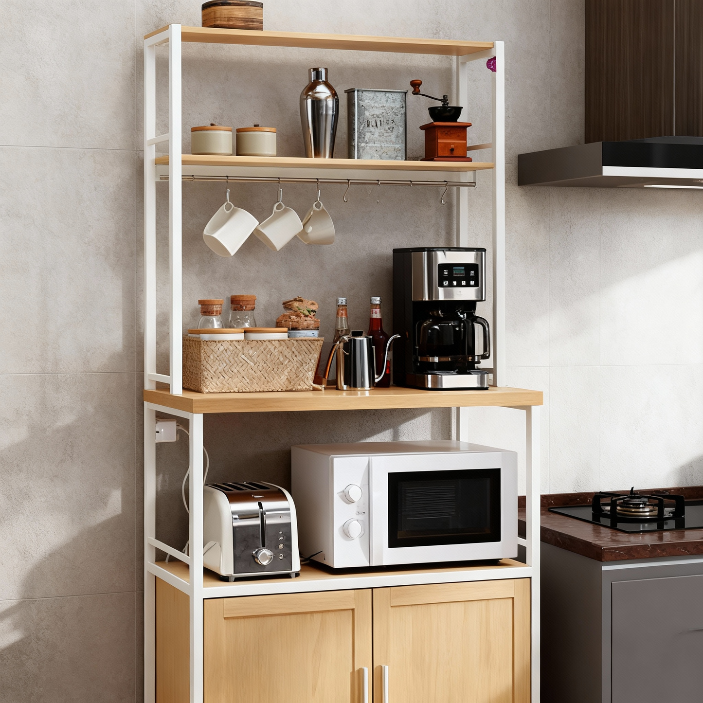 Kitchen Bakers Rack with Power Outlet, Coffee Bar with 35.4-Inch High Worktop and Microwave Stand, Golden Oak and Cloud White