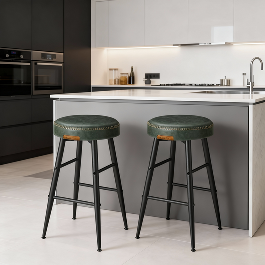 Set of 2 Counter Height Bar Stools, Mid-Century Modern Backless Stools with Staggered Footrests, 24.8-Inch Tall, Forest Green