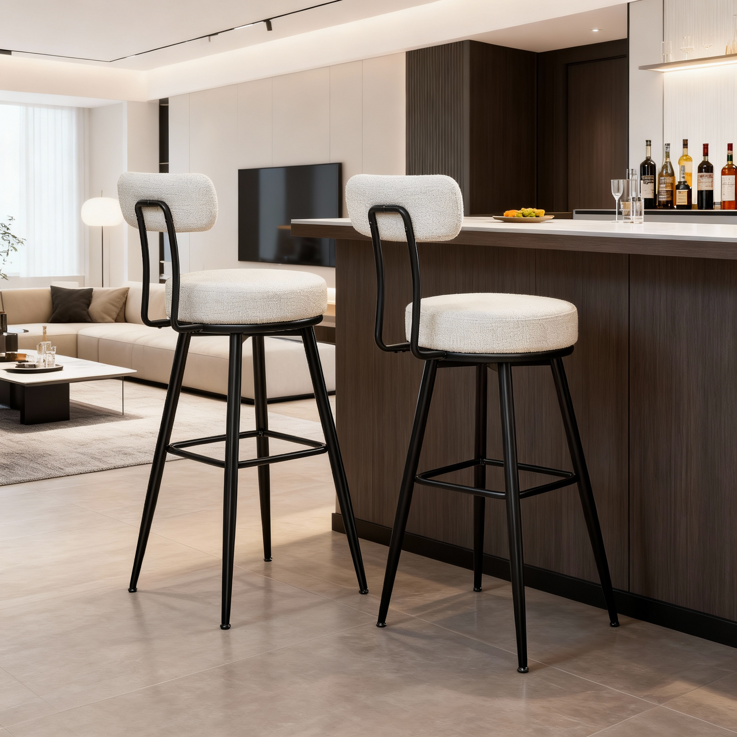 Set of 2 Swivel Bar Stools with Back, Bar Height Boucle Fabric Stools, 30.1-Inch Tall Modern Kitchen Stools, Cloud White