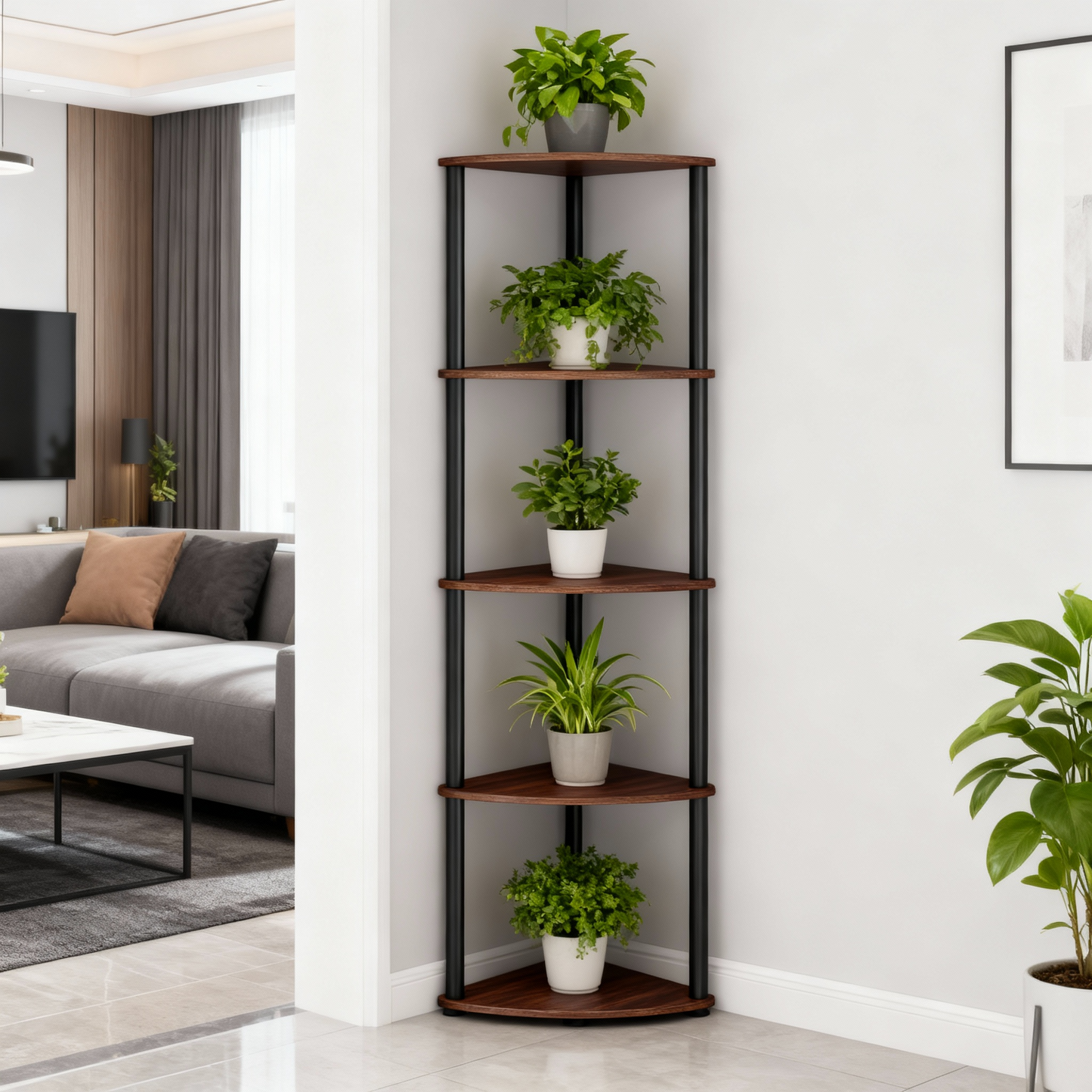 5-Tier Corner Shelf with Toolless Assembly, 15 x 10.6 Inch Standing Shelf for Living Room, Bedroom and Kitchen, Somber Walnut