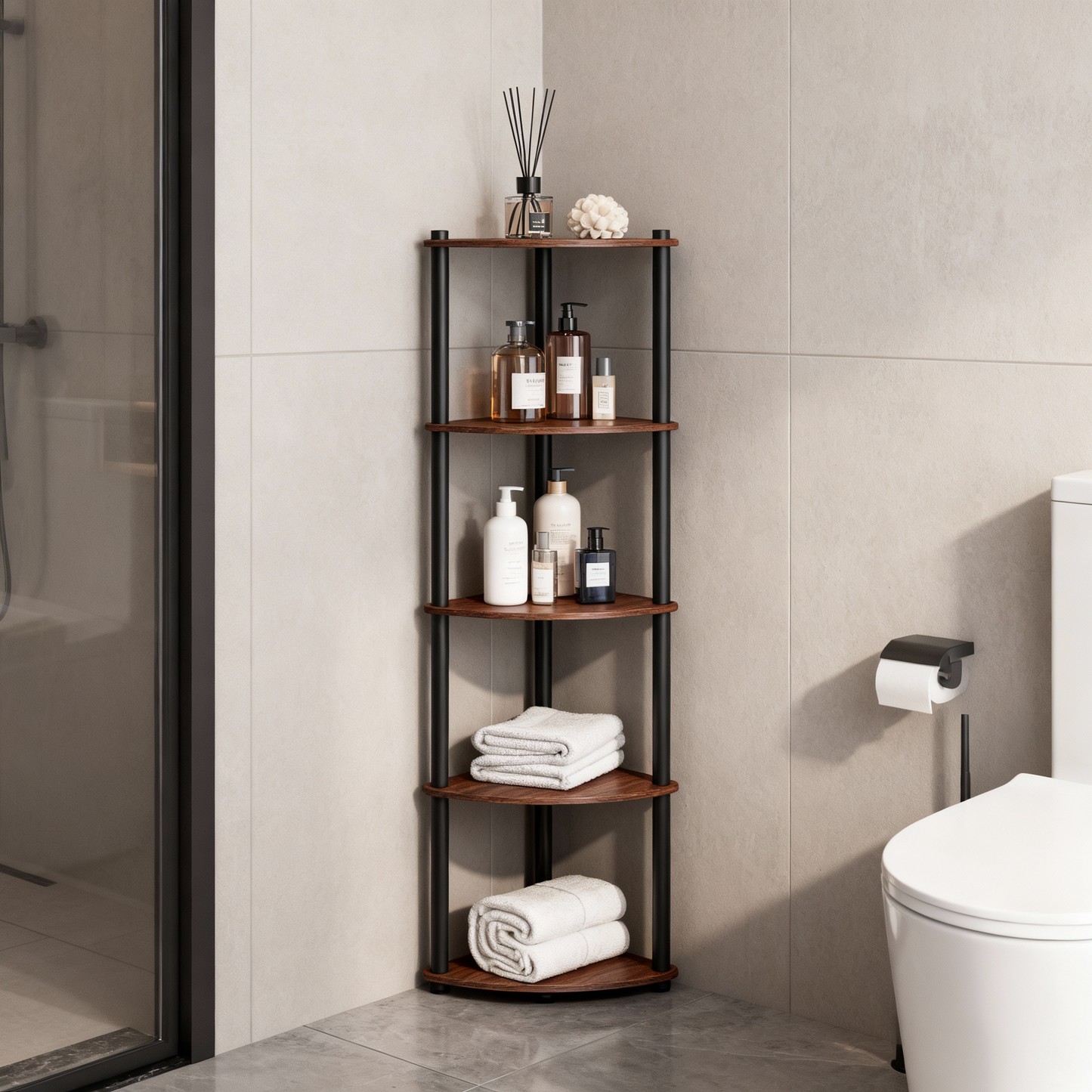5-Tier Corner Shelf with Toolless Assembly, 15 x 10.6 Inch Standing Shelf for Living Room, Bedroom and Kitchen, Somber Walnut
