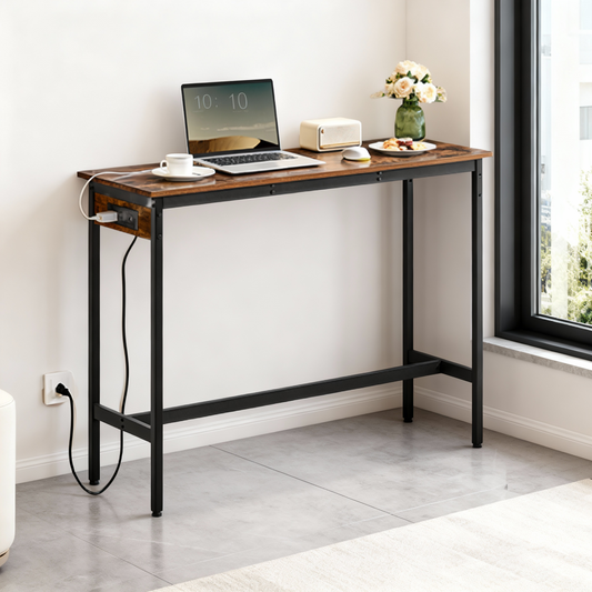 Narrow Bar Table with Charging Station, 47.2 Inch Kitchen Dining Table with USB Ports and Metal Frame, Rustic Brown and Ink Black